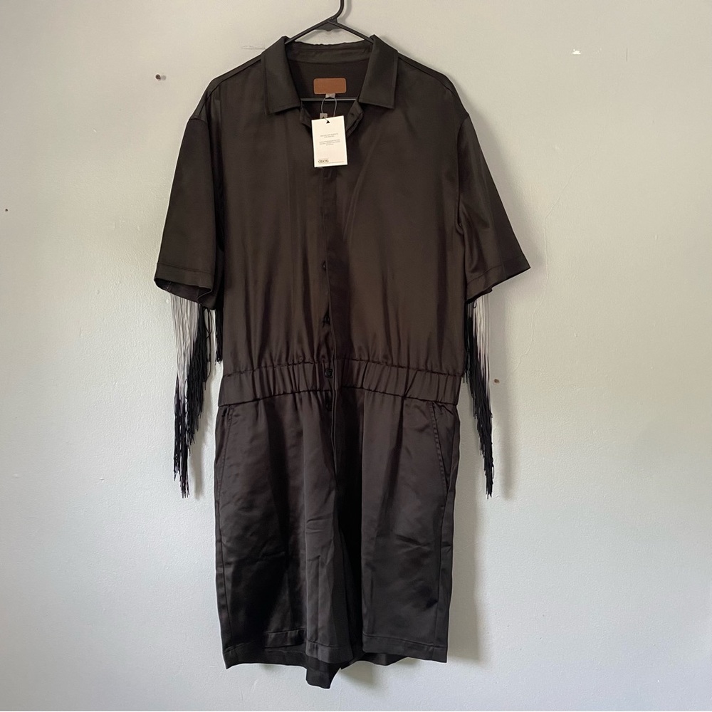 Asos Boiler Suit Mens Size 36 Black Satin Jumpsuit Romper Fringed Festival NEW